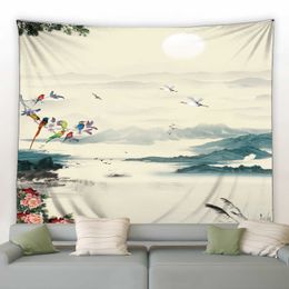 Tapestries Chinese Ink Wash Landscape Painting Tapestry Wall Hanging Sunrise Colorful Simple Room Bedroom Background Decor Blanket