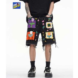 Men's Jeans Graffiti denim shorts paches flower jeans men style baggy jeans streetwear men cargo pants men y2k jeans for men unisex J230814