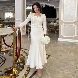 White Satin Evening Dresses Beads Mermaid Prom Dress with Long Sleeve Ruched Ankle Length Cocktail Party Gown