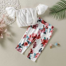 Clothing Sets Solid Colour Wrap Top Printed Pants Girls Fashion Two Piece Petal Sleeve Design Floral Pattern Summer Set