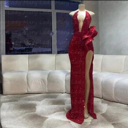 Party Dresses Charming Red Sequins Prom Deep V Neck High Split Women Formal Evening Gowns Glitter Night Wedding Wear