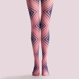 Women Socks VP Unique Stockings Geometric Square Pink Blue Pattern Tights High-quality Silk 1 Order 1pc