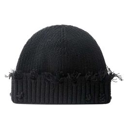 Beanie/Skull Caps Tight Winter Cuffed Thick Beanie Ribbed Knitted Men Women Hat with Hole Hip Hop Distressed Plain Skullies Toque