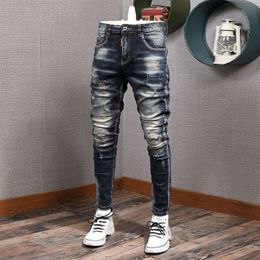 Men s Pants Fashion Streetwear Men Jeans Retro Black Blue Elastic Slim Fit Ripped Spliced Designer Embroidery Hip Hop Denim 230814