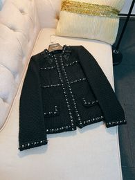 2023 Autumn Black Solid Colour Beaded Tweed Jacket Long Sleeve Round Neck Panelled Classic Jackets Coat Short Outwear A3G146542