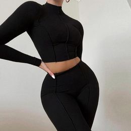 Women's Two Piece Pants Crop Top Suit Trendy Club Outfit Sporty High Elasticity Lady Tracksuit For Gym Women Sports