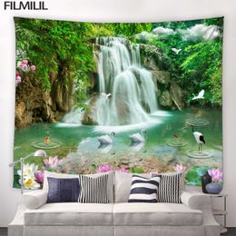 Tapestries 3D Waterfall Tapestry Wall Hanging Natural Landscape Chinese Style Tapestries Flowers Hippie Living Room Wall Cloth