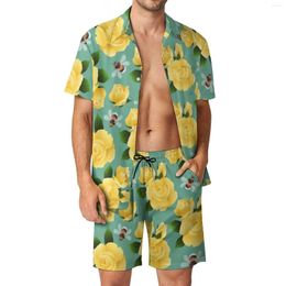 Men's Tracksuits Flying Bees Men Sets Yellow Roses Print Casual Shorts Beach Shirt Set Summer Trending Pattern Suit Short-Sleeve Oversize