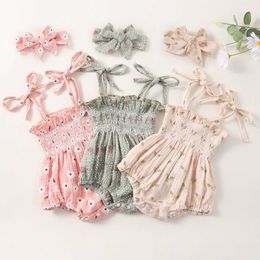 Clothing Sets 0-18M Baby Girl Bodysuit Headband Set Flower Printed Pattern Tie Up Shoulder Sleeveless Clothing Bow Hair Band