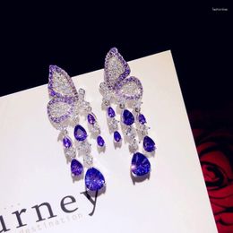 Dangle Earrings Vintge Jewellery Drop For Women 925 Created Purple Gemstone Long Tassels Butterfly Cubic Zirconia Eardrop Fine