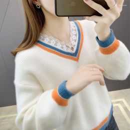 Women's Sweaters 2023 Fashion Sweater Pullover Spring Autumn V-neck Lace Stitching Knitted Bottoming Shirt Female Tops W267