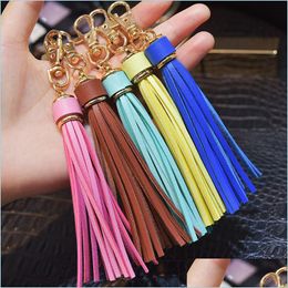 Keychains Lanyards Long Tassel Keychain Car Bag Hanging Pendant Ornaments Gift For Women Girls Trinket Leather Rhinestone Bow Key Ri Dh2Ef