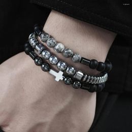 Charm Bracelets 3Pcs Fashion Cross Bead Bracelet Men 8mm Hematite Matte Beaded For Jewellery Pulsera Hombre Spiritual Gifts