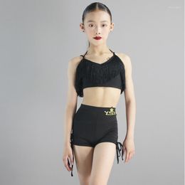 Stage Wear Kids Latin Dance Costume Girls Black Fringed Top Shorts Ballroom Competition Clothes Practice XS6746