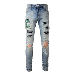 Men s Jeans Arrivals Light Blue Streetwear Fashion Slim Fit Embroidered Snake Pattern Skinny Stretch Destroyed Holes Ripped 230814