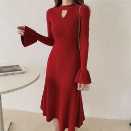 Casual Dresses Autumn Winter Ladies Red Knitted Sweater For Women Elegant Flare Long Sleeve Elastic Party Midi Vestidos