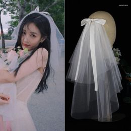 Bridal Veils LA003 Simple Wedding Veil Two-Layer Tulle Satin Bow White Short Women Marriage Accessories