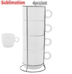 8oz Sublimation Coffee Mugs Set of 4 Blank Stackable Coffee Mugs with Rack Porcelain Stackable Cappuccino Cups with Metal Stand for Coffee, Tea, Cocoa, Milk