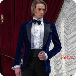 Men's Suits Royal Blue Velvet Men For Wedding Italian Smoking Jacket Black Peaked Lapel Retro Man Blazers 2Piece Groom Tuxedo Costume