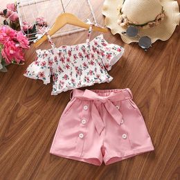 Kızlar Giyim Setleri 2023 Yaz Günlük Takım Çocuk Giysileri Sırıştırıcıları Kısa Kollu Çiçek Baskı Gömlek Şortları Çocuklar 4-7yrs