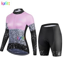 Cycling Jersey Sets Rompers Kafitt Pink Women s Long Sleeve Cycling Jersey Bib Short Sets Quick-drying Macacao Feminino Breathable 20D Gel Pad Summer 230812