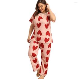 Women's Sleepwear Summer Plus Size XL-4XL Women Love Print O-Neck Short Sleeve Cute Sweet Casual Cotton Sleep Tee Pant Set Pajama