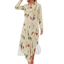 Casual Dresses Wine Pattern Dress Funny Food Print Fashion Long Sleeve Elegant Female V Neck Design Oversize Chiffon