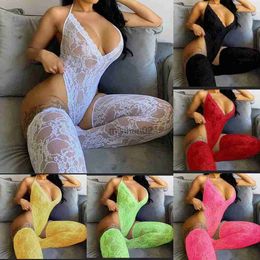 Women's Jumpsuits Rompers Female New Style 2021 Women's Sexy Lace Bodysuits Sleeveless See-through Backless Deep V-neck Skinny Halter Jumpsuits With Socks HKD230814