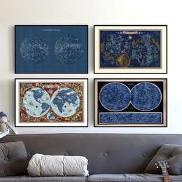 Astronomy Astrological French Double Hemisphere World Map Canvas Painting Celestial Planisphere Map Posters And Print Wall Art For Living Room Decor Wo6