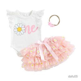 Clothing Sets Baby Girls Summer Jumpsuit Set Floral Print Fly Sleeve Rompers and Casual Layered Mesh Tulle Skirt Headband R230814