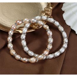 Strand 6-7mm Natural Freshwater Pearl Rice Elastic Bracelets For Women Rhinestone Charm Baroque Girl Gifts