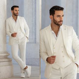 Elegant Men Wedding Suits Peaked Lapel Tuxedos Designer Groom Wear Slim Fit Business 3 Pcs Coat Pants Vest Custom Made