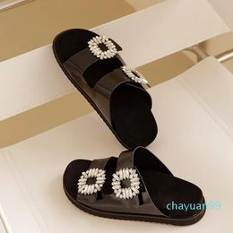 Sandals Women's Slippers Outerwear Crystals Sides Buckle Open Toe Flat Heel Patente Leather Basic Style Casual Slipper