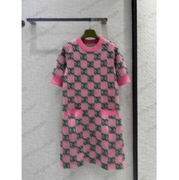 Pink Dress Brand Classic Jacquard Plaid Short Sleeve Knitted Imported Wool Yarn Simple Version Casual Style Temperament Maxiskit For Women