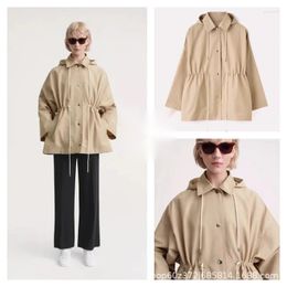 Women's Trench Coats 2023 Early Autumn Simple Single-breasted Hooded Drawstring Waist Windbreaker Jacket Women