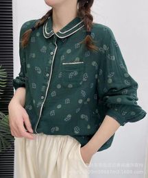 Women's Blouses 2023 Spring Art Printed Loose Shirts Green Long Sleeve Cotton Tops Blusas Turn Down Collar Casual Camisas