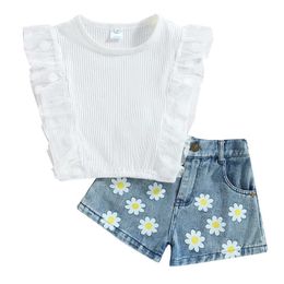 Clothing Sets 0-6Y Fashion Toddler Girls Clothing Summer White Dot Mesh Sleeve Ribbed Tops Daisy Print Denim Shorts Baby Outfits