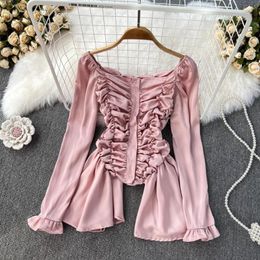 Women's Blouses Waist Petal Design Square Neck Pleated Bell Sleeves Slim Long Sleeve Top Women