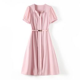 2023 Summer Pink Solid Color Waist Belted Dress Short Sleeve Square Neck Panelled Knee-Length Casual Dresses W3L043309