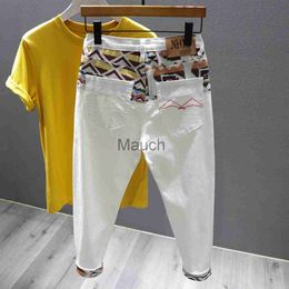 Men's Jeans Men White Denim Jeans Slim Fit Stretch Long Jeans New Fashion Male Splicing Patch Denim Pants Quality Man Ankleleng Jeans J230814