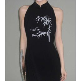 Luqingyi ink painting of bamboo Improved Qipao Skirt Women's Summer National Style New Chinese Dress Design Sense Small Black Skirt