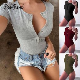 Women's Jumpsuits Rompers Sexy Bodycon Bodysuit Women Black Grey Red Green Deep V Neck Knitted Short Sleeve Rompers Womens Jumpsuit Short Body Suit Femme HKD230814