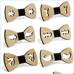 Neck Ties Men Boys Hollow Bat Deer Wings Handmade Bamboo Wooden Bow Tie Faux Leather Knot Centre Adjustable Business Party Drop Delive Dhjfy