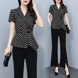 Women's Two Piece Pants Fashion Oversize Women Chiffon Sets 2 Pieces Office Lady Outfits Turn Collar Dot Print Irregular Hem Top Female