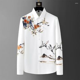 Men's Casual Shirts Light Luxury High-end Design Diamond Printed Long Sleeve Shirt Men Autumn 2023 Trend Top Silk Wrinkle Resistant