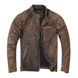 Men's Jackets Vintage Yellow Genuine Leather Jacket Men Slim 100% Cowhide Motorcycle Style Biker Coat Mens Skin Coat 230812