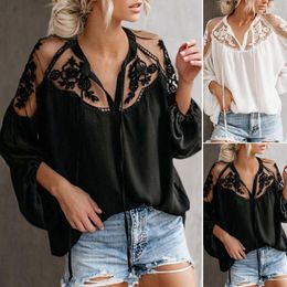 Women's Blouses Charming Shirt Top V-neck Long Sleeve Sweat Absorbing See-through Lace Patchwork Casual Blouse