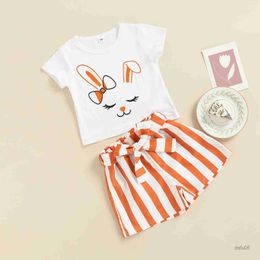 Clothing Sets 1-6Years Toddler Baby Gril Easter Clothing Set Short Sleeve Rabbits Printed Shirt Top Striped Shorts R230814