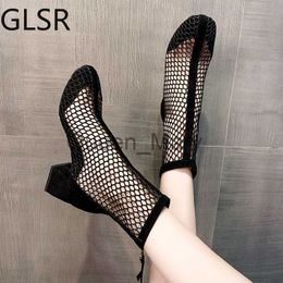 Dress Shoes 2023 New Air Mesh Net Bling Women Shoes Summer Ankle Boots Thin High Heels Sexy Sandal Chelsea Boots Female Dropship Pumps J230815