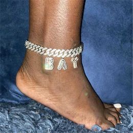 Punk Custom Baguette Letter Anklet Bracelet for Women Iced Out Diy Initial Prong Cuban Chain Anklets Hiphop Barefoot Jewellery 230719